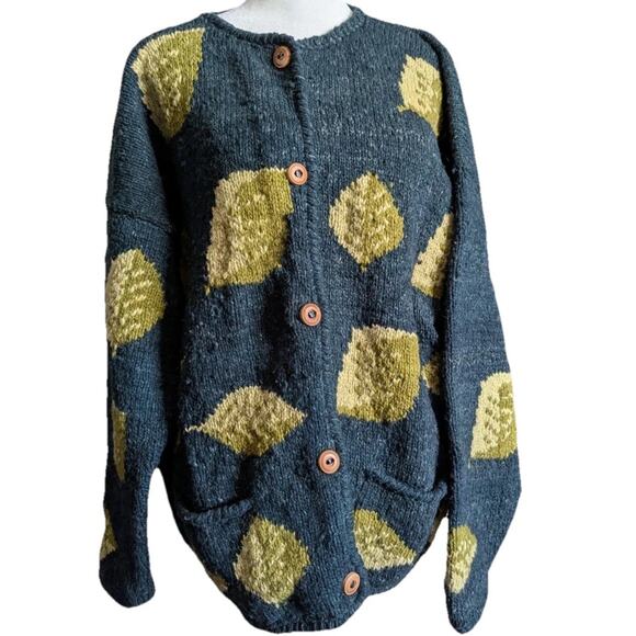 Vtg Territory Ahead Wool Cardigan M L Women Green Printed Textured Knit Sweater - Picture 4 of 16